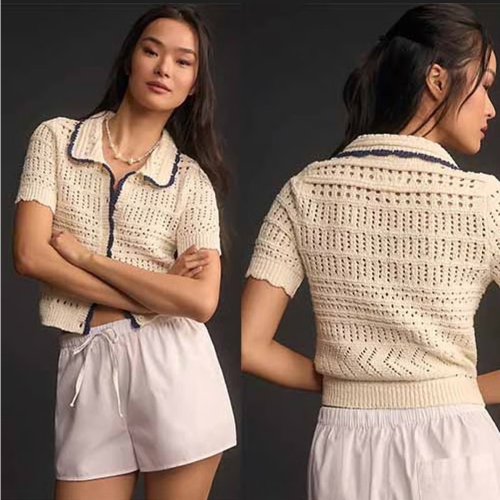 Maeve-Ivory Collared Knit Buttondown Shirt
